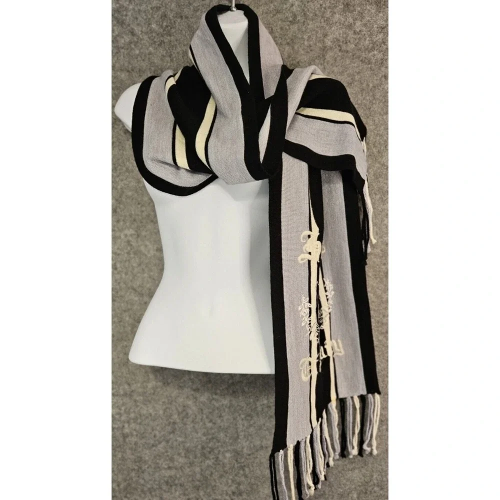 Juicy Couture House Of Juicy Scarf Wrap Fringed Gray‎ White Black Soft Warm NWT